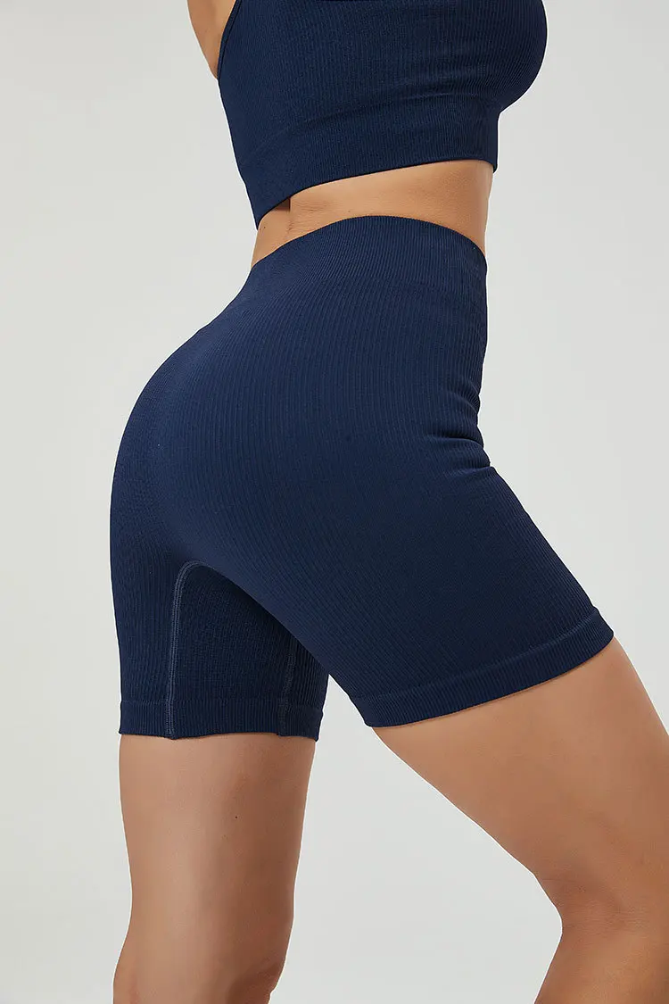 Quick drying round neck crop top solid color rib knit sports set butt high lifting slimming short sporty suit women activewear