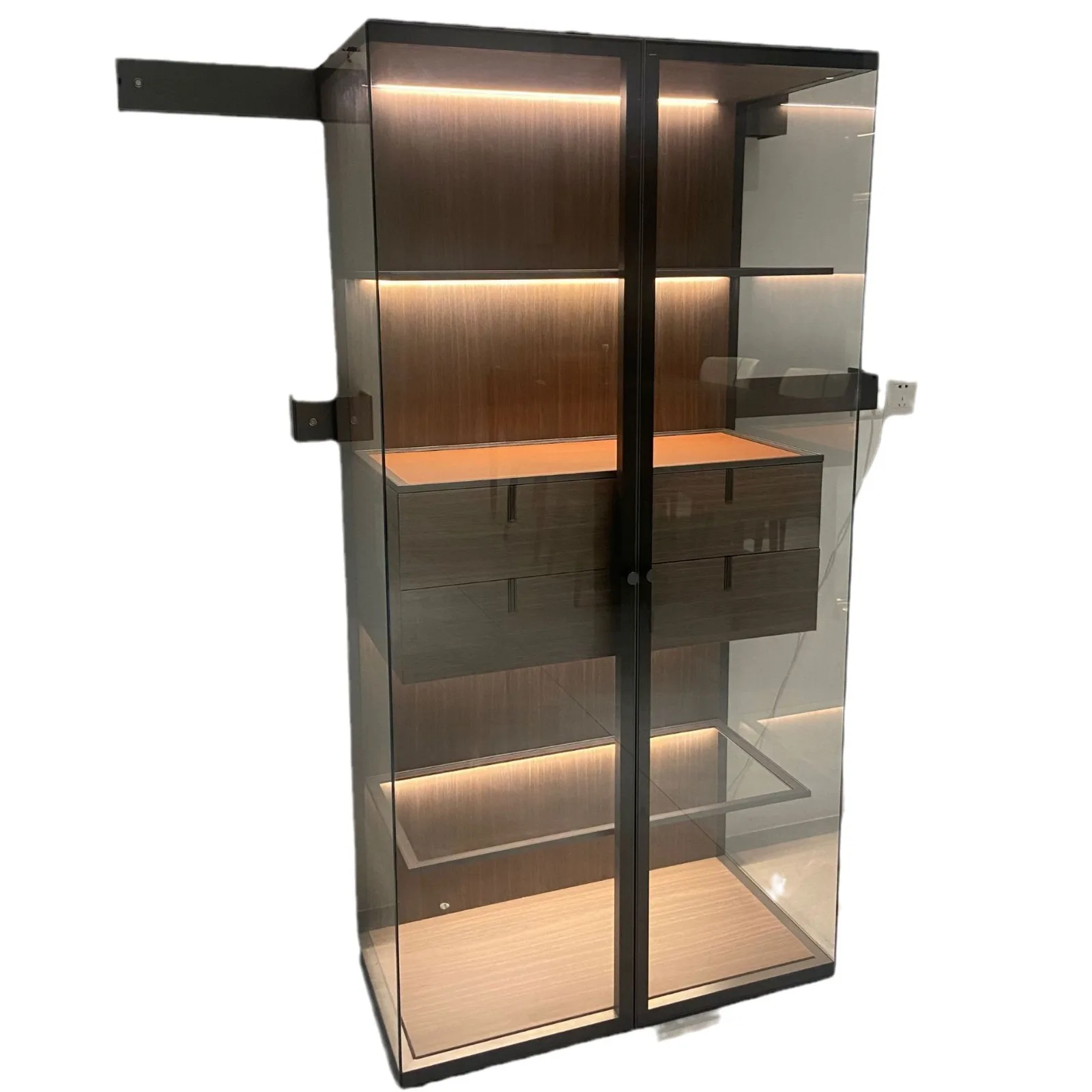 Factory luxury Italy transparent aluminum glass display case home decoration storage showcase airplane wing cabinet with drawers