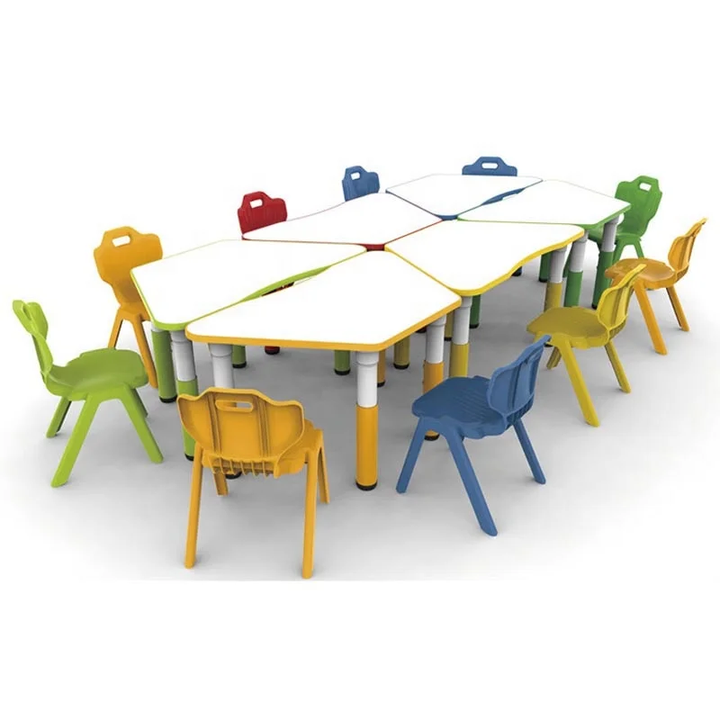 Trapezoid shape multifunction kids table and chair with bookshelves