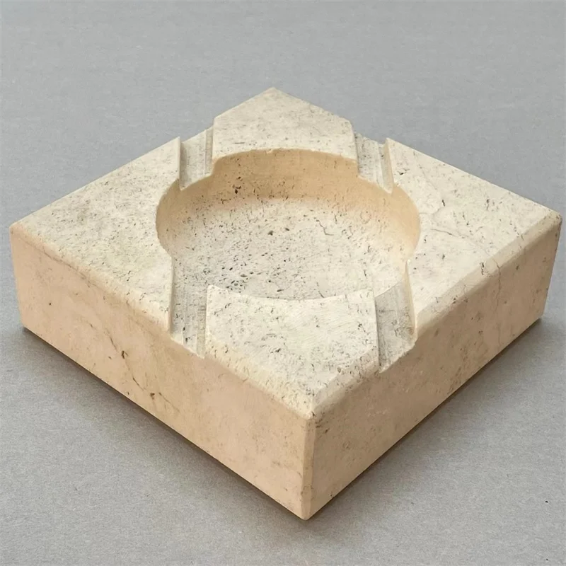 Vintage Beige Travertine Square Marble Stone Cigar Ashtray Honed Surface