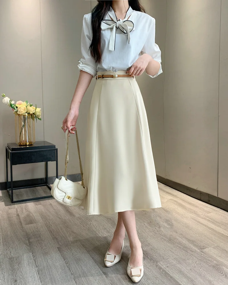 Spring new simple fashion A-line MIDI skirt with belt ladies formal skirts sexy beautiful girls wearing short skirts