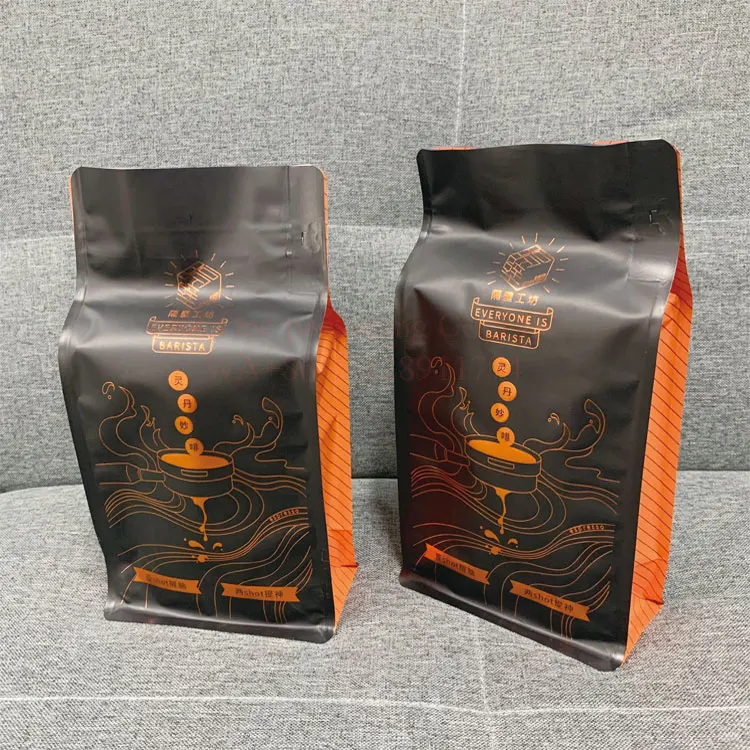 hot sale matte black hot foil stamp 500g box bottom ground coffee bean roaster quad seal valve zipper packaging pouch sachet bag