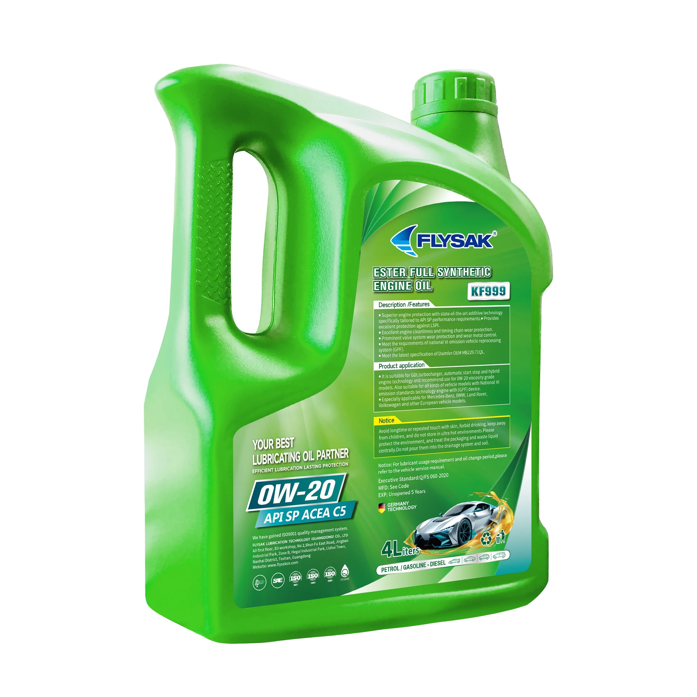 factory direct sale FLYSAK KF999 fully synthetic ester engine oil c5 sp 0w-20 4l