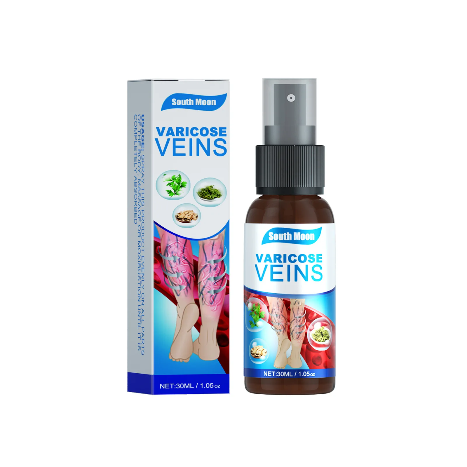 Hot sale south moon soothing swell and pain beauty leg varicose vein spray health care supplies varicose veins treatment