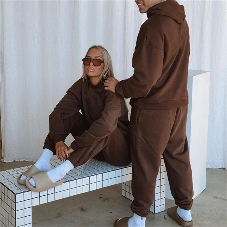 Wholesale Winter Spring Solid Casual Tracksuit Women Fleece 2 Pieces Set Couples Sweat Suit