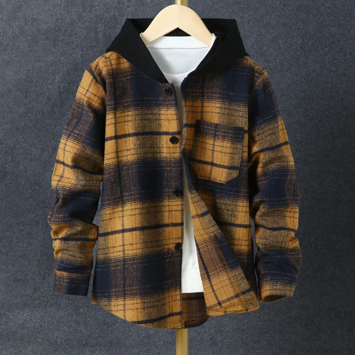 2022 Spring Autumn Children Boys Clothes Long Sleeved Single Breasted Plaid Hooded Sweater Teenage Shirt Kids Coat