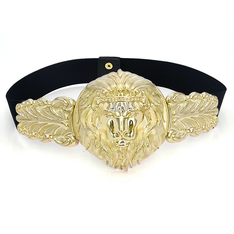 Ladies Belts Women Leather Gold Lion Head Ceinture Femme Metal Head Elastic Wide Belt