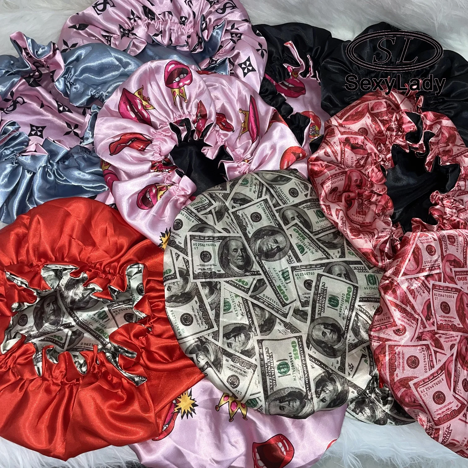 reversible  100% silk newest style with luxury lfancy pattern logo  hair bonnets Satin designer bonnet