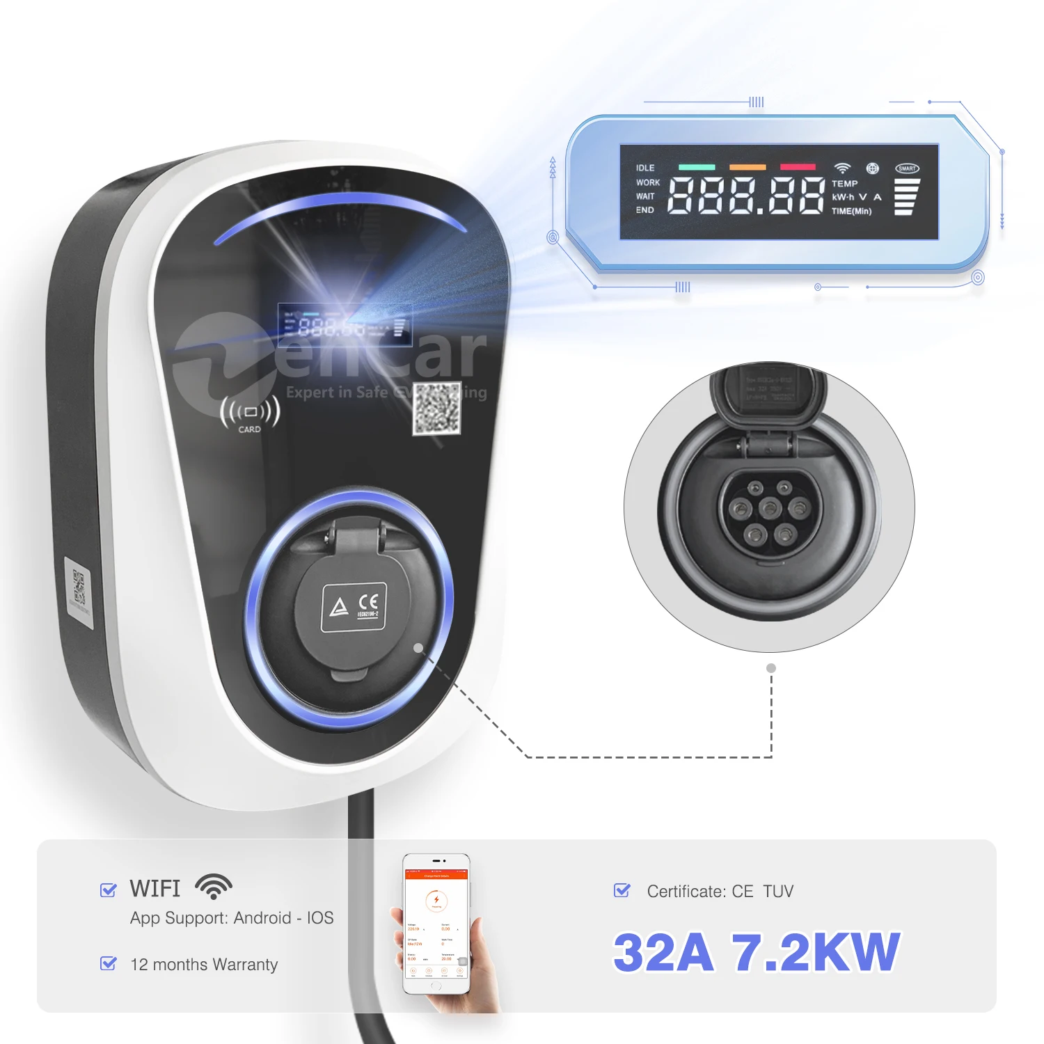 Wi-Fi ac ev зарядная станция 7 кВт wallbox, зарядное устройство типа 2 с управлением через приложение, балансировка нагрузки