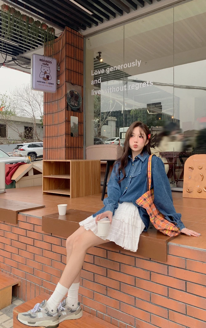 Autumn Winter Denim Women Shirts Bows Sweet Solid Korean Fashion Basics Blouses Elegant Casual Loose Blouse Mujer