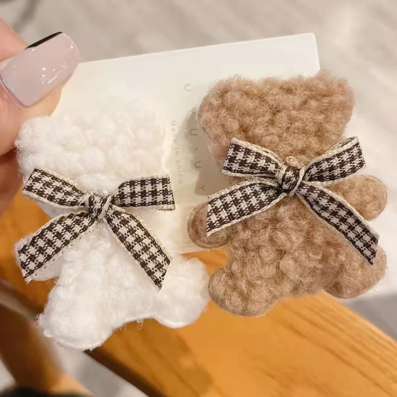 Korean plush bear hairpin Lovely simple side clip girl hairpin hair clip set kids hair accessories