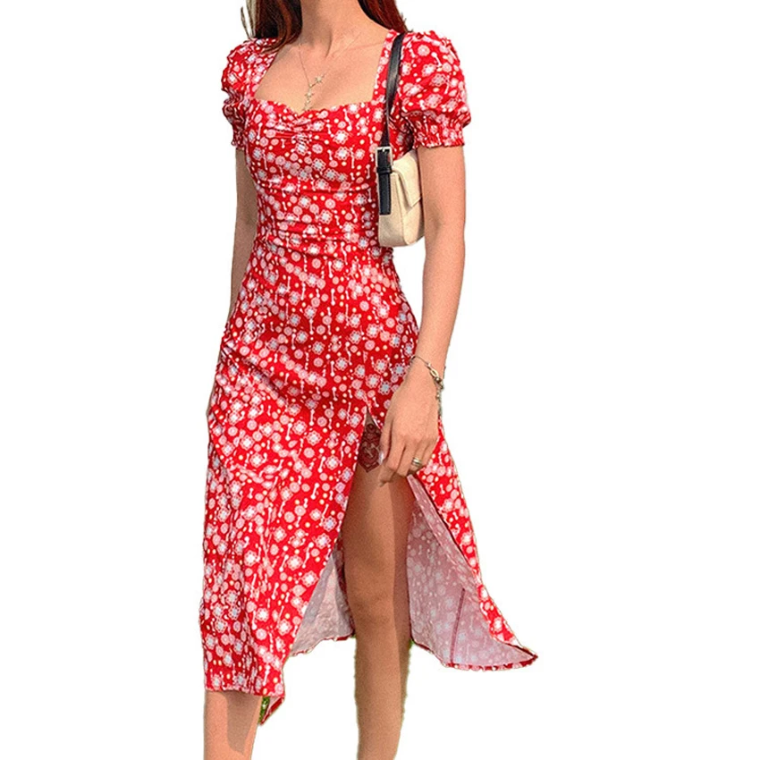 
Women Summer Vintage Party Dress Lady France Style Puff Sleeve Floral Print Square Collar Side Split Midi Dress Vestido 2021 