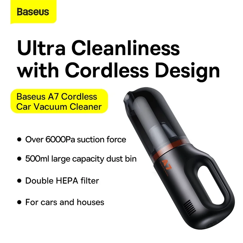 Baseus A7 Portable Auto Cleaning Tool 6000Pa Suction Force 500ml Aspirador de Po Wireless Car Vacuum Cleaner