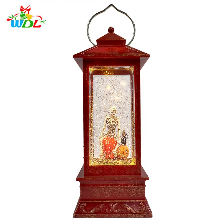 2020 Hot Sale Red Frame Indoor Led Swirling Illuminated Vintage halloween Skeleton Pumpkin Spinner Snow Globe Lantern Customized
