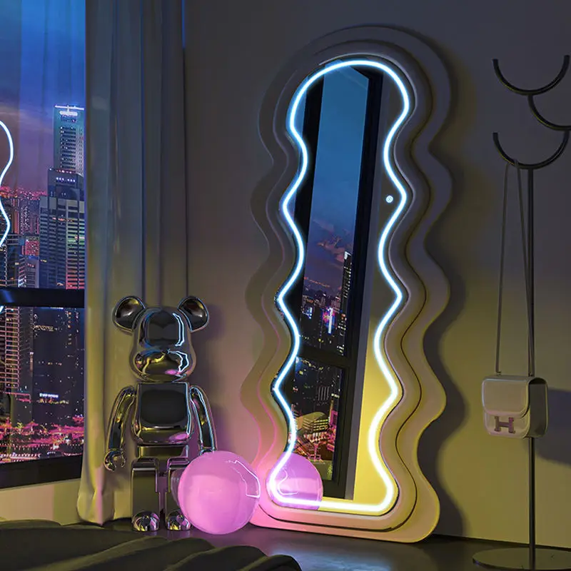 Modern Home Decor Luxury Floor Mirror Living Room Bedroom Wood Frame Wavy LED Mirror Wave Shape Floor Mirror