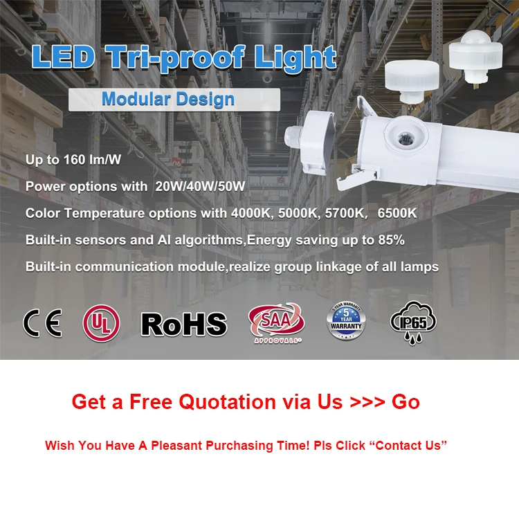 Industrial 3 Cct Led Ceiling Light 2ft 4ft 5ft Tri Proof Ip65 Sensors Led Linear Light For Warehouse Workshop Garage Parking Lot
