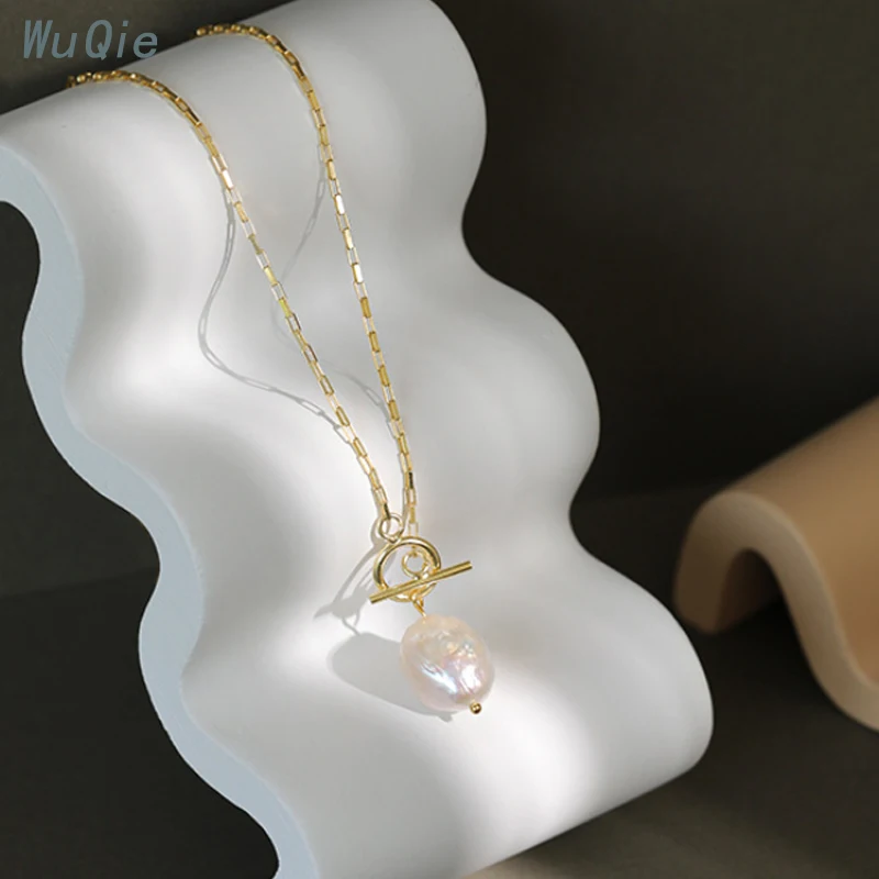 Wuqie 925 Sterling Silver Gold Plated Clasp Pearl Necklace Baroque Natural Freshwater Pearl Choker for Women