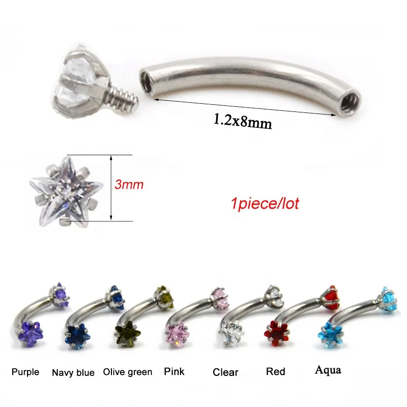 Surgical Steel Eyebrow Barbell Piercing Curved Star Cubic Zirconia Labret Lip Daith Helix Rook Earring  Wholesale