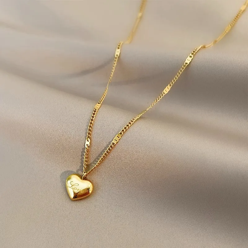 Fancy Gold Plated Letter Love Heart Pendant Necklace Jewelry No Fade Stainless Steel Heart Shaped Necklace For Women