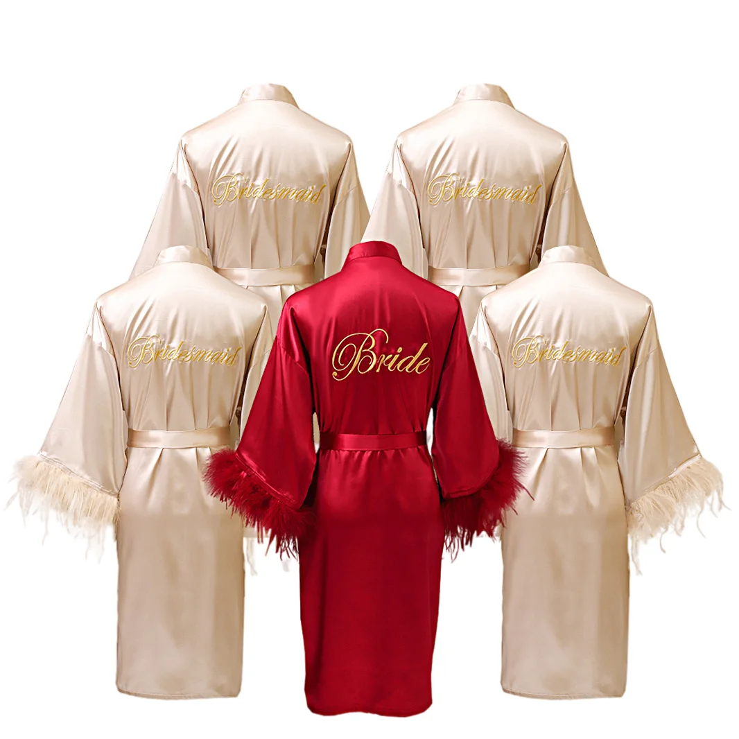 2021 Ostrich Feather Silk Satin Pajama Pink Pajamas With Feathers Wedding Bridal Party Satin Feather Robes