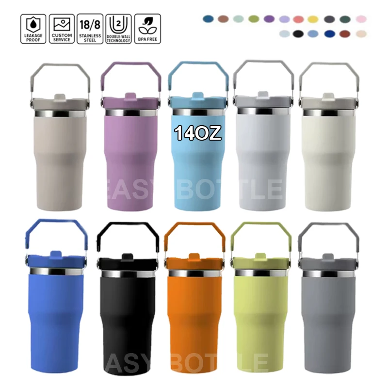 2024 New 14oz Tumbler with Top Handle Vacuum Insulated Water Bottle No Leak Flip Straw for Kid and Gift Outdoor Travel Drink Cup