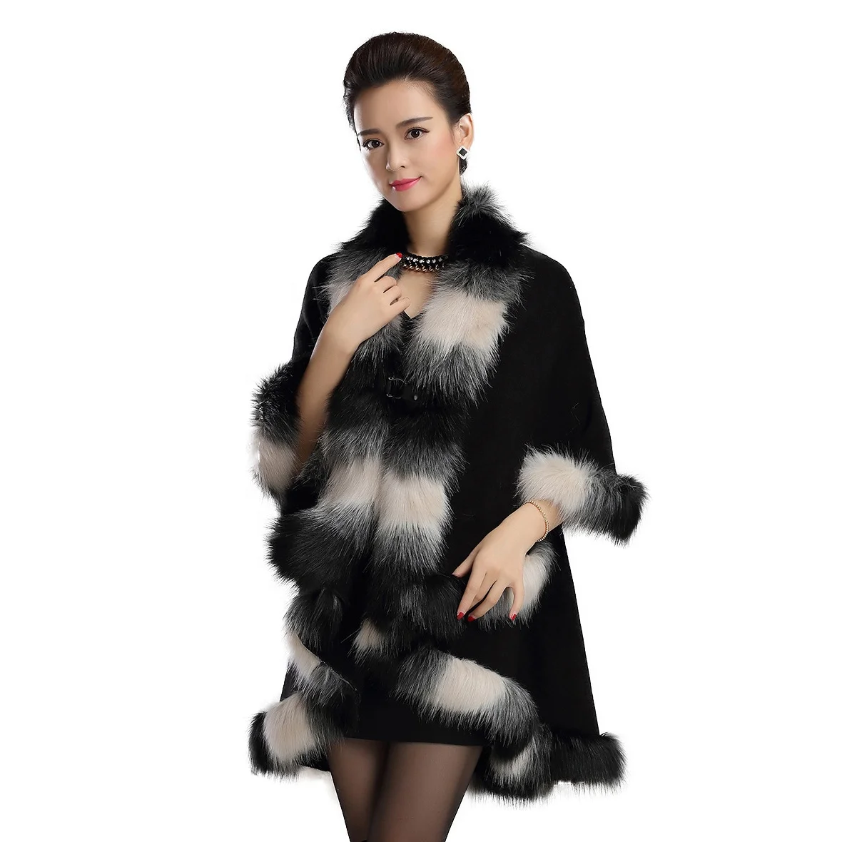 
2021 Winter Double Layers Multi Fake Fox Fur Collar Cashmere Mexican Sweaters Shawl Knitted Cape Poncho For Women 
