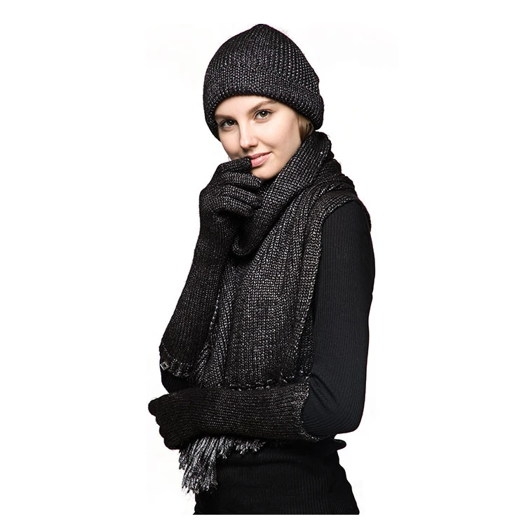 Wholesale Women Custo Experience Fashion New Knitted Cashmere Black Gloves Scarf Hat Set