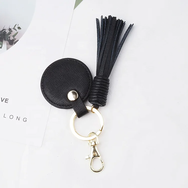 Black Saffiano Leather Circle Round Shape Keyring, Personalised Rose Gold Keychain With Tassel