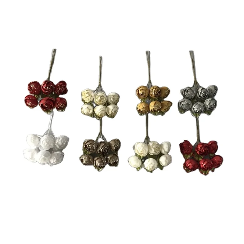 6 pcs mini artificial glitter rose  flower for Christmas decoration
