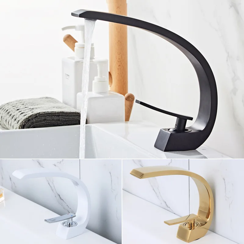 Golden plated copper faucet C shape design hot and cold faucet for bathroom Single Handle Hot Cold Waterfall Basin Faucet