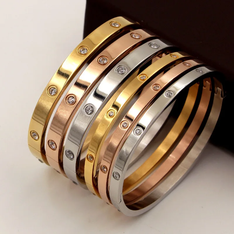 Trendy Lovers Bracelets Gold Plated Stainless Steel Cubic Zirconia Jewelry Diamond Bangles Bracelets for Women Gifts