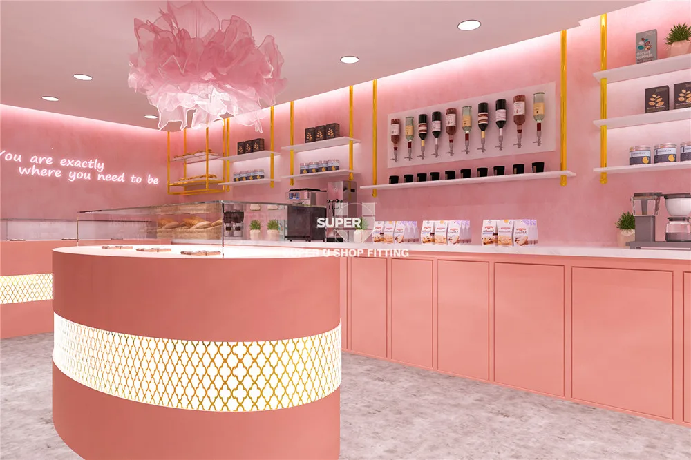 Pink Commercial Desserts Bakery Shop Decoration Custom Coffee Sweet Store Display Counter Bakery Cake Shop Furniture