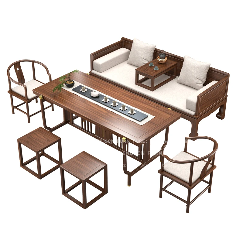 Wujinmu Arhat Bed, Tea Table and Chair Combination, Solid Wood Tea Room,living Room, New Chinese Style Sofa Bed,white Wax Wood,