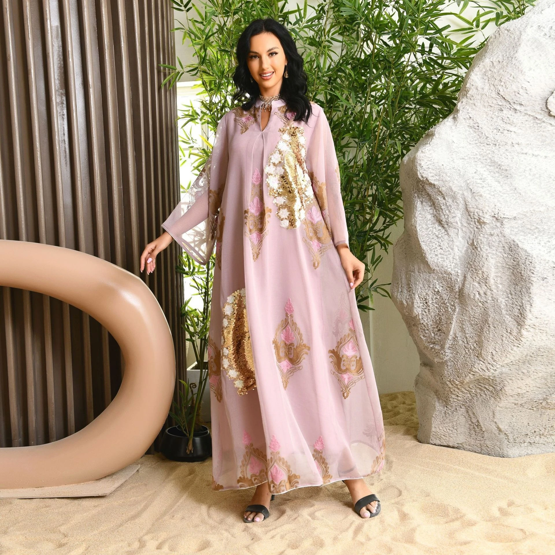 new 2024 High Quality Ethnic Clothing Sequin Islamic Women Dubai Abaya Loose Autumn Casual Dress Kaftan Dresses