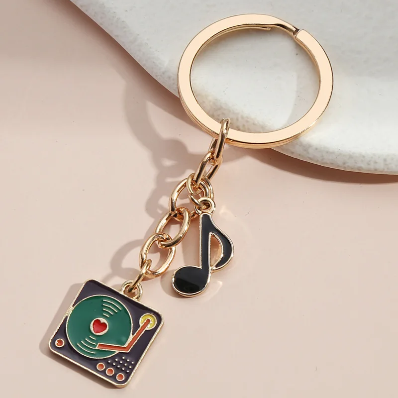record and music note keychain mini Instrumental guitar, gramophone, piano with music note keychains