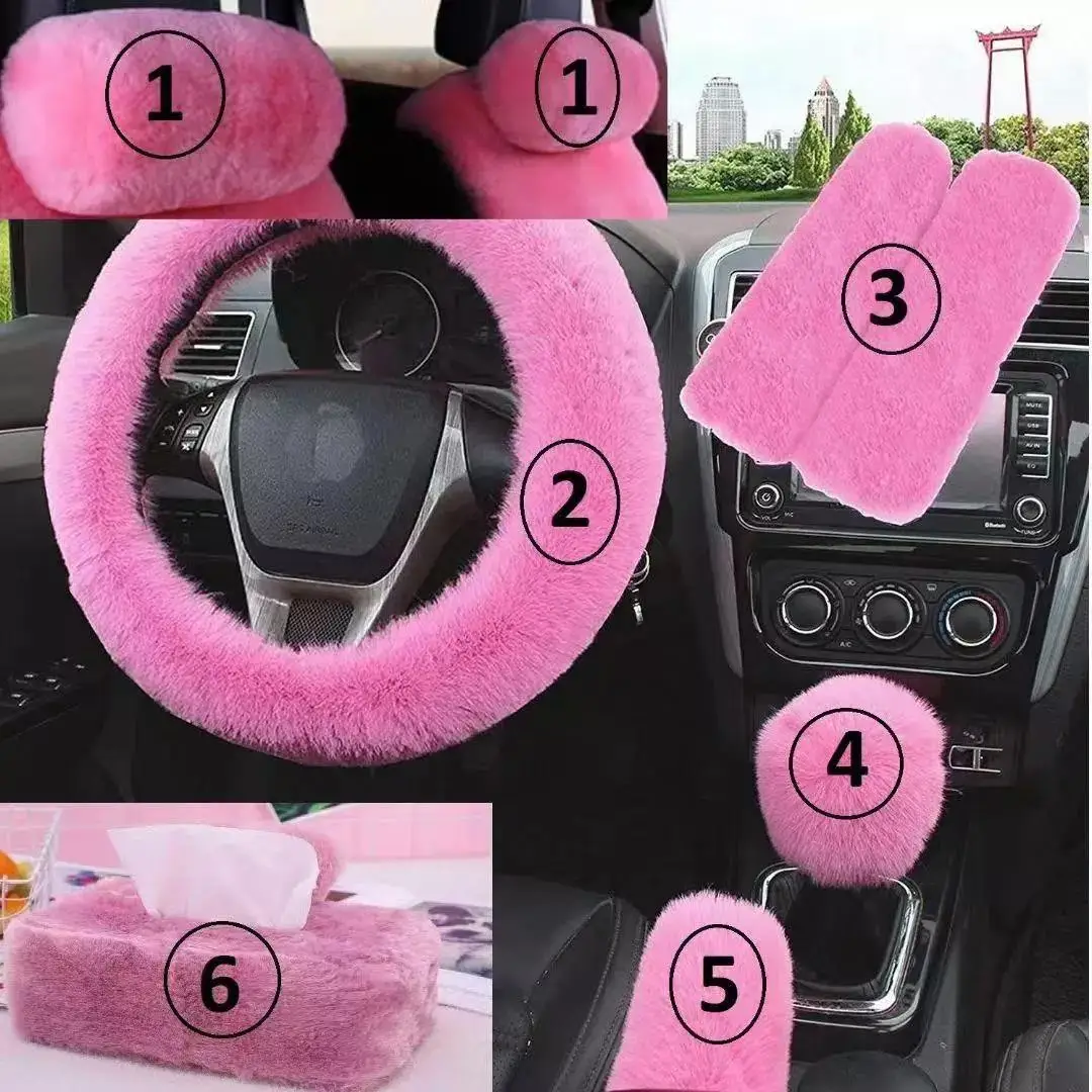 8 Pcs Gift Set Women Winter Fashion Wool Fur Soft Pink Furry Steering Wheel Covers Fuzzy  Warm Non-slip Car Decoration