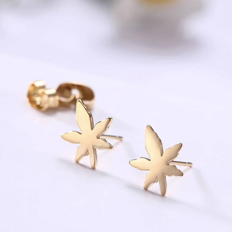 wholesale earings for women simple leaf stud earrings women jewelry stainless steel plated 18K real gold