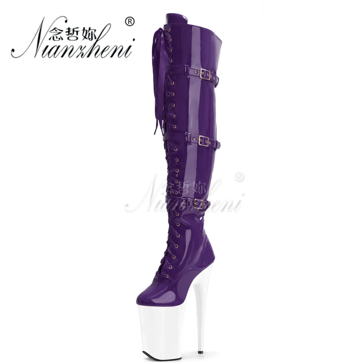 Pole Dance Long Boots Round Toe 23cm Catwalk Fashion Nightclub Sexy Fetish Retro Belt Buckle Stripper Heel Models Catwalk Gothic
