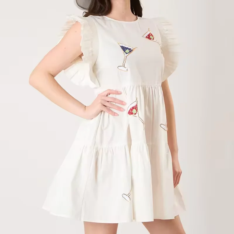 Summer Ruffle Sleeve Embroidery Sequins Martini Women Mini Dress A Line Cotton Sparkle Sequins Martini Women Mini Dress