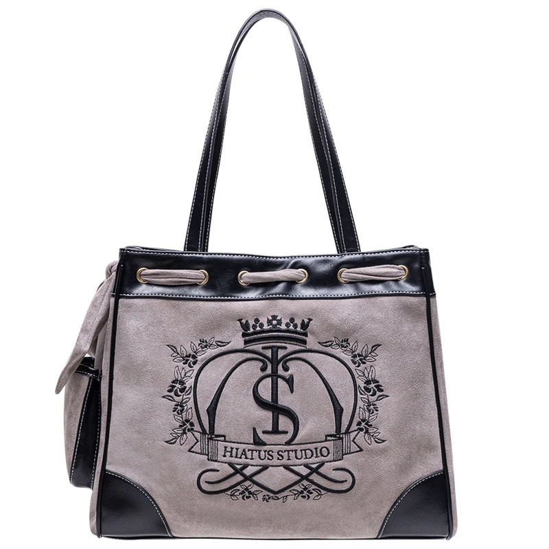 Literature and Art Retro Flower Letter Crown Embroidery Tote Bag Autumn and Winter Suede Large Capacity Casual Shoulder Bag