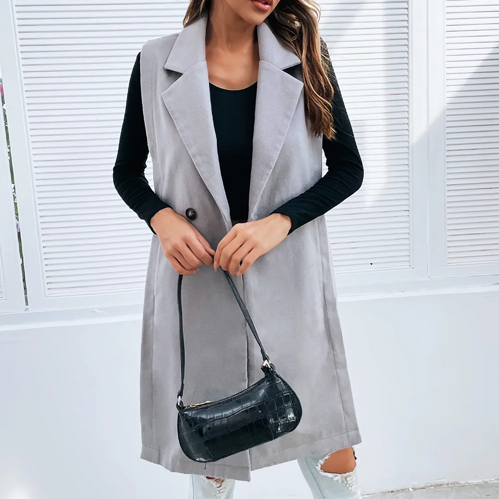 autumn Fashion buttons office women gray Jacket Suit Coat Vest with large lapel side slit