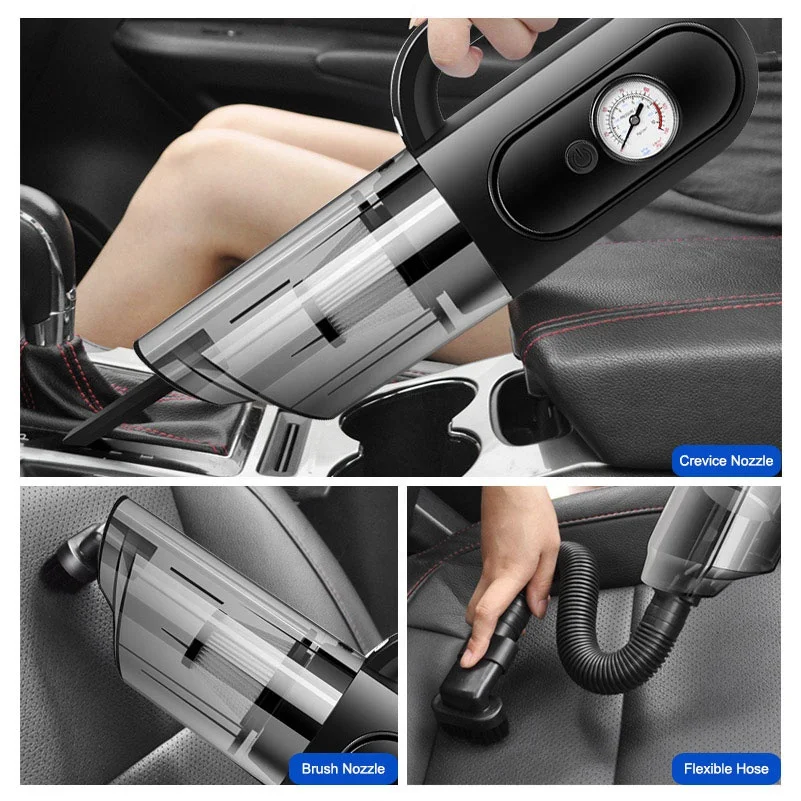 4-IN-1 Portable Car Vacuum Cleaner with Air Compressor Pump DC 12V Tire Inflator for Cars, Handheld Car Vaccum with LED Light