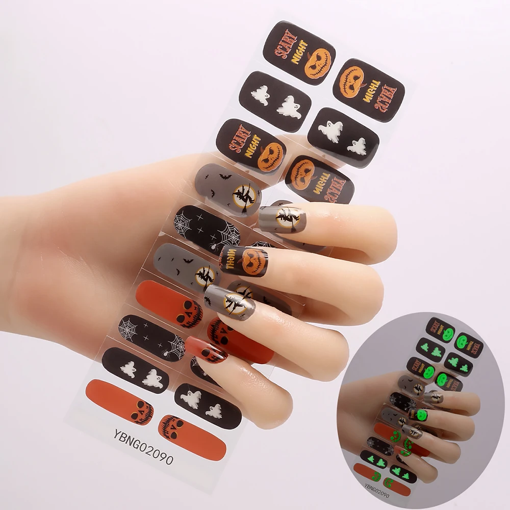 BIN Halloween Style UV Semi-cured Gel Nail Wraps Full Cover Nail Art Stickers 20pcs Gel Strips
