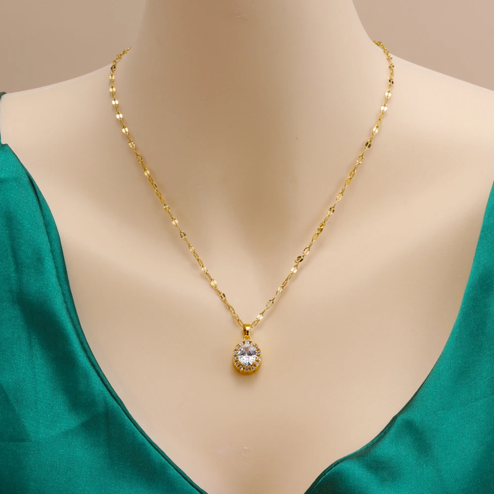 Stainless Steel Chain Necklace Women Gold Plated Waterdrop White Crystal Diamond Cubic Zircon Pendant Necklaces
