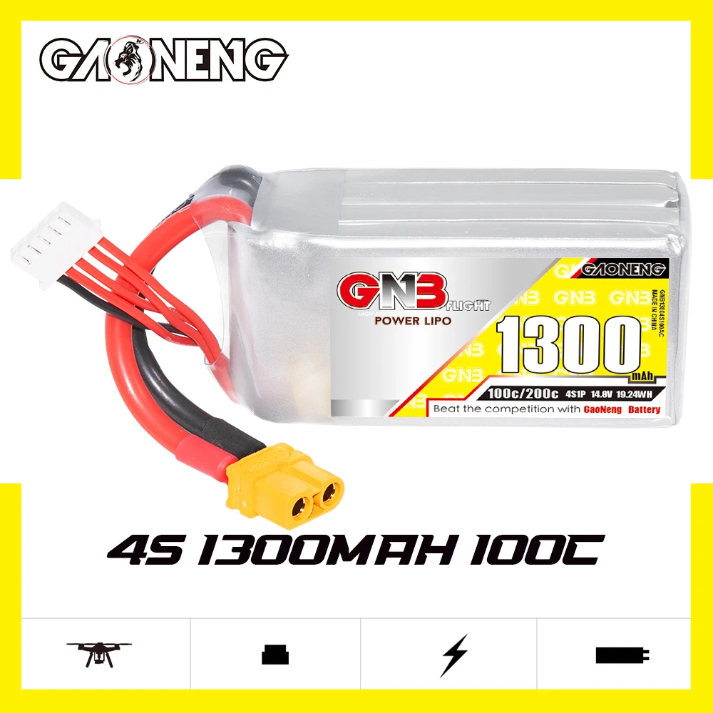 GAONENG GNB 1300MAH 14.8V 4S 100C XT60 RC LiPo Battery Drone FPV Graphene LiPo 180-330mm Brushless FPV 5 to 6 inch Drone GEPRC