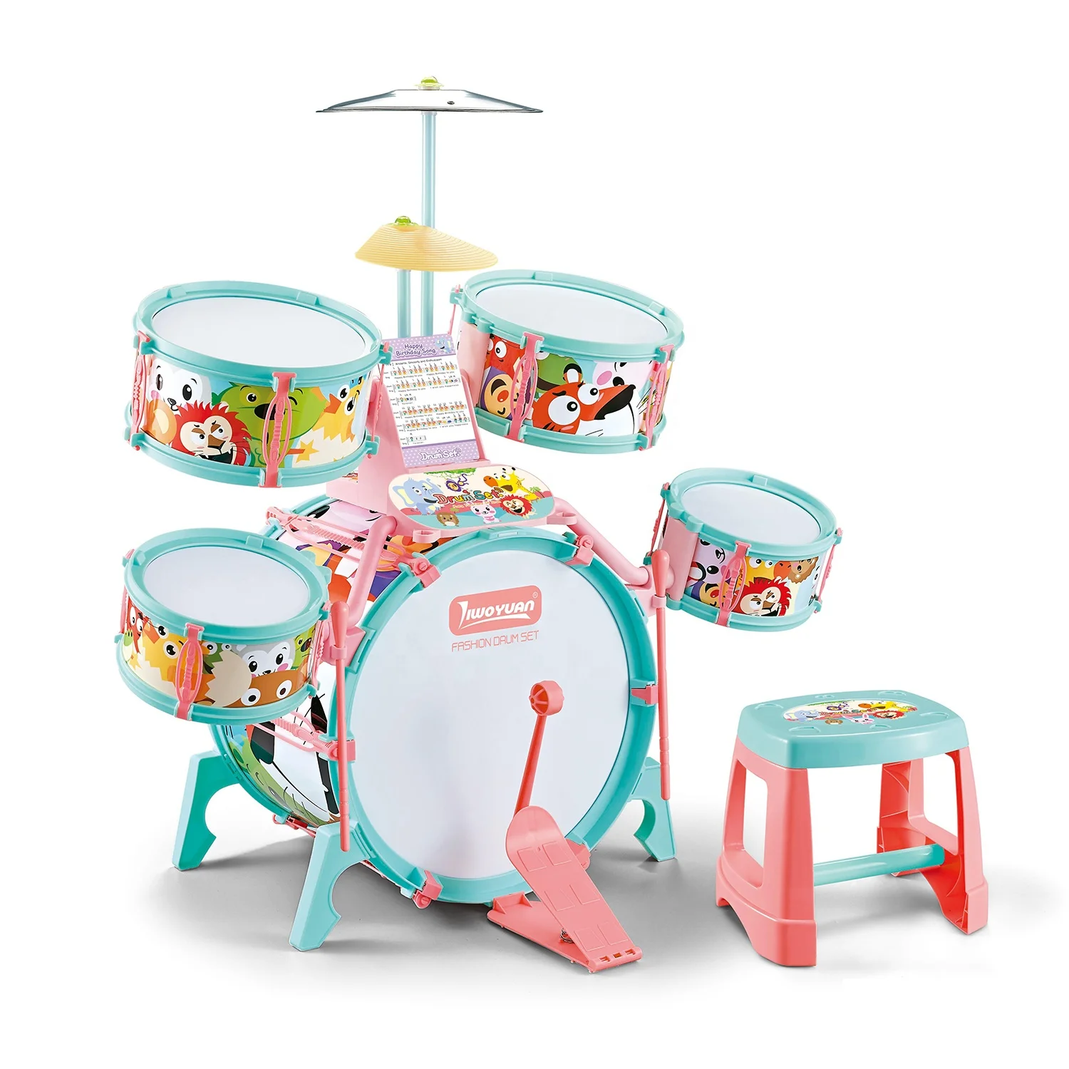 Children Jazz Drum Play Set with Stool Cartoon Educational Musical Instrument Toys Multifunctional Jazz Drum Set Toy for Kids