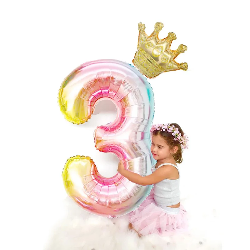 40 Inch Crown Digital Set Gradient Aluminum Foil Number Balloons Baby Birthday Party Decoration Balloons