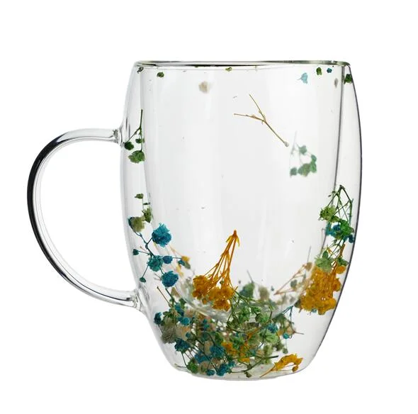 340ml 12oz High Borosilicate Glassware Cup Double Wall Glass Mug With Flower Drinking Glasses for Water Juice Beer Milk
