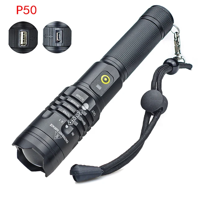  Светодиодный фонарик P50 высокой мощности с зарядкой от USB масштабируемый алюминиевый