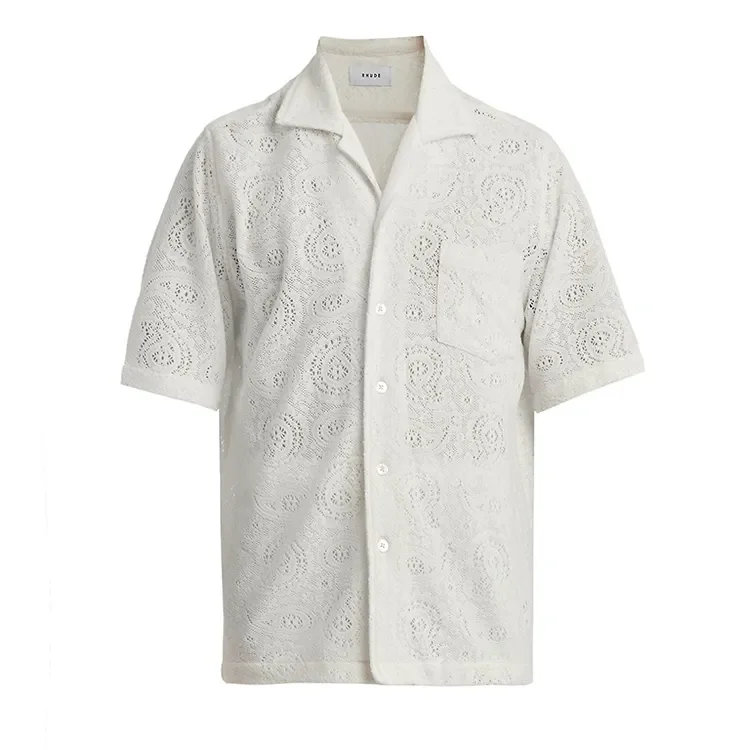 Lace Short Sleeves Crochet Shirts for Men Customized Logo Jacquard Pattern Button up Casual OEM Summer Lace Fabric Tops